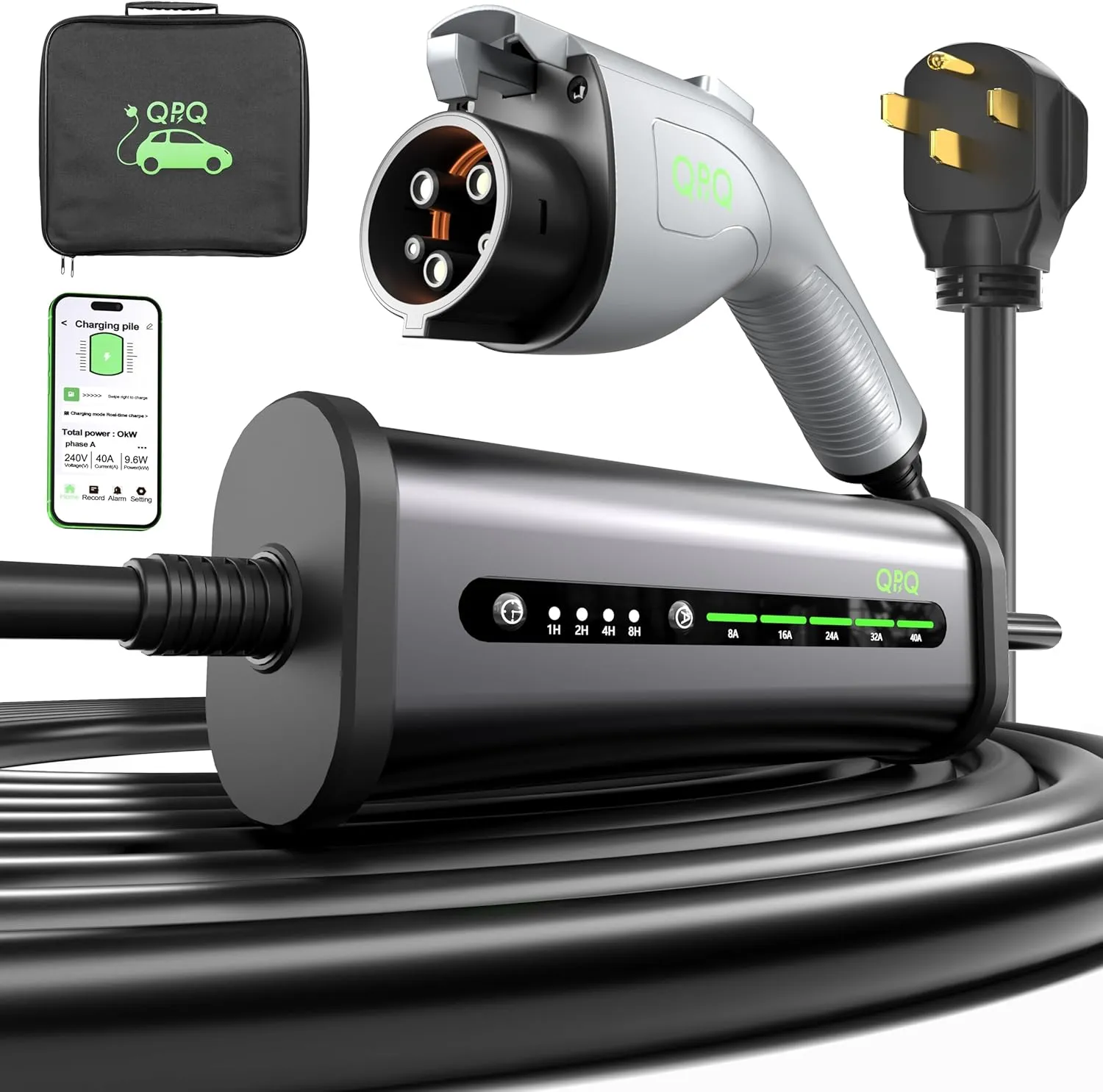 QPQ Level 2 EV Charger 40A 240V NEMA 14-50P, Portable Electric Vehicle Charging Stations Smart WiFi Enabled, 21FT Level 2 Charger with Box Holders for J1772 Evs