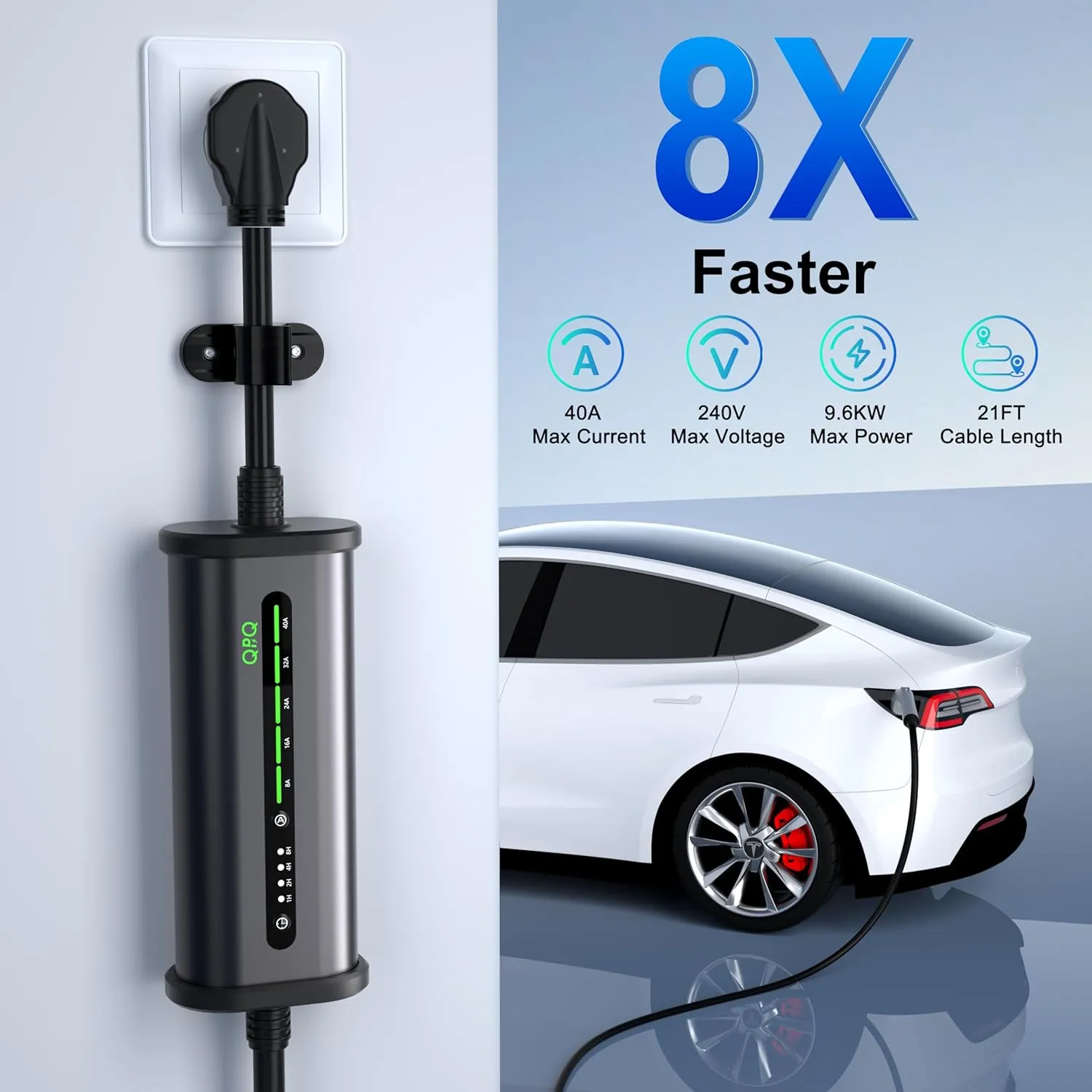 QPQ Level 2 EV Charger 40A 240V NEMA 14-50P, Portable Electric Vehicle Charging Stations Smart WiFi Enabled, 21FT Level 2 Charger with Box Holders for J1772 Evs