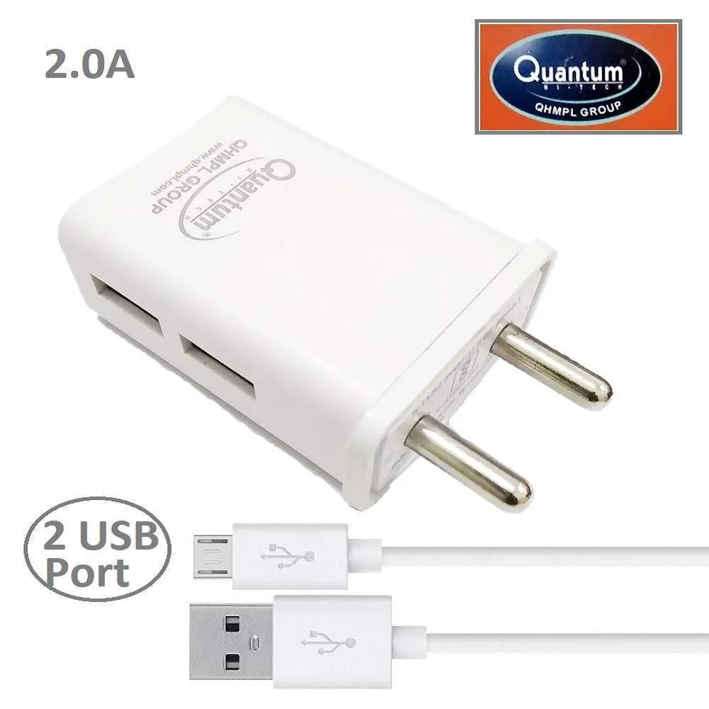 Quantum 2.0Amp Dual USB Port Wall Charger/Travel Charger Adapter with Micro USB Data Cable