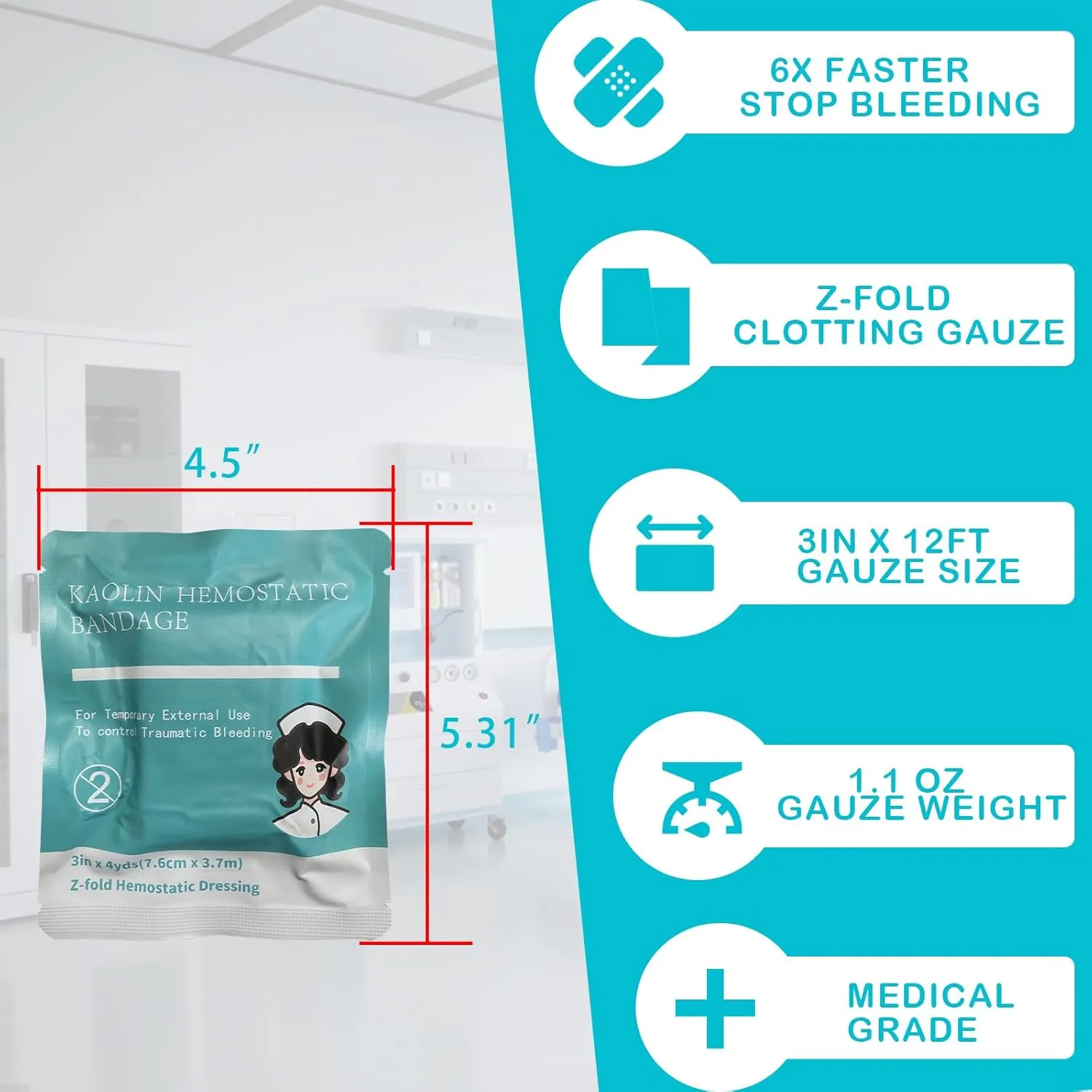 Quick Clot Gauze, First Aid Advanced Stop The Bleed Kit Combat Flexible Hemostatic Gauze-Bleed Stop Faster Wound Packing Medical,Survival Kit Supplies (3" x 12.5) (6)