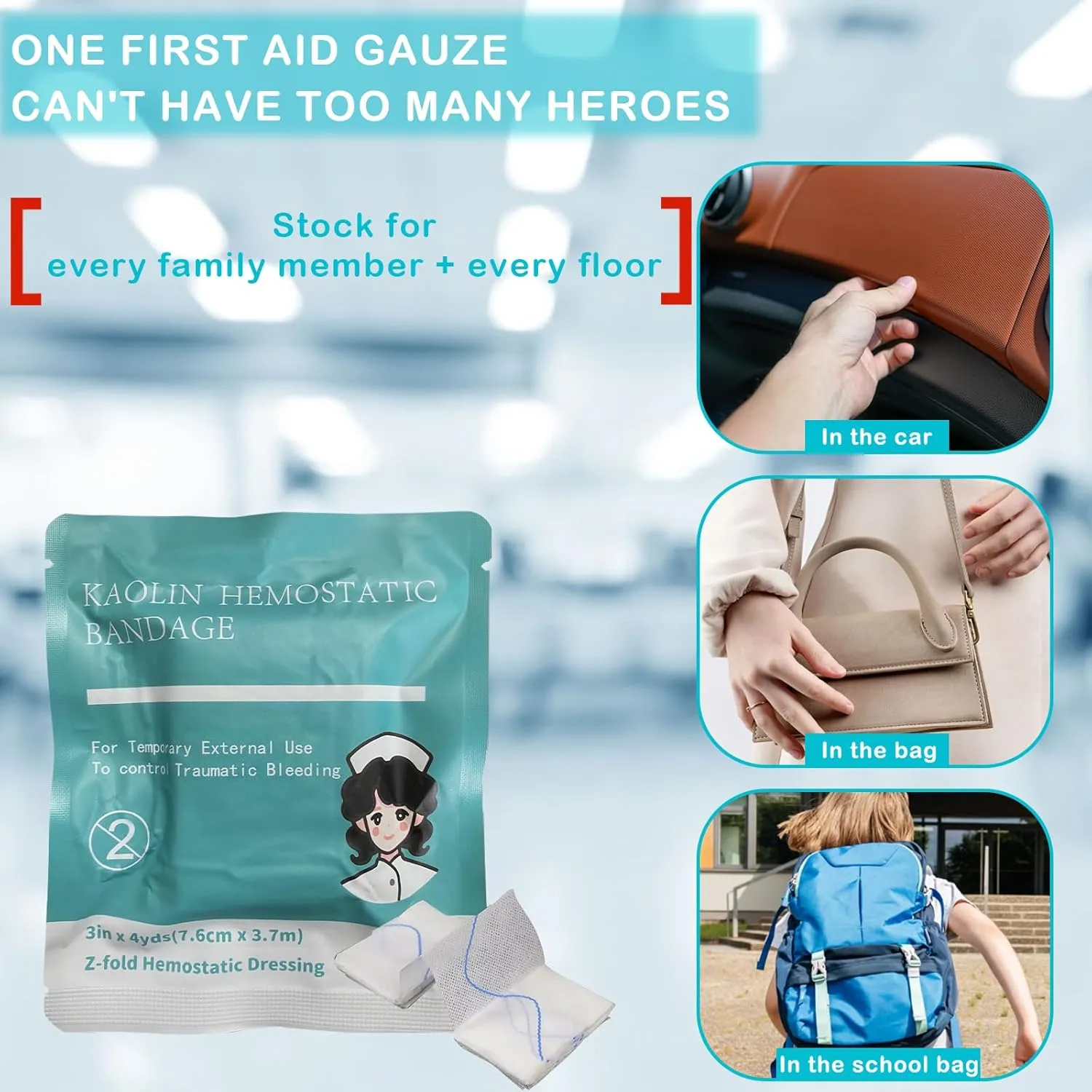 Quick Clot Gauze, First Aid Advanced Stop The Bleed Kit Combat Flexible Hemostatic Gauze-Bleed Stop Faster Wound Packing Medical,Survival Kit Supplies (3" x 12.5) (6)