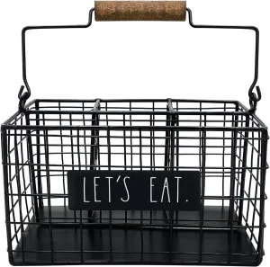Rae Dunn 6 Section Utensil Caddy - Silverware Holder, Cutlery Caddy for Fork, Knife and Spoon - Rustic Farmhouse Metal Grid-Iron Frame - Kitchen Organizer and Countertop Space Saver for Flatware