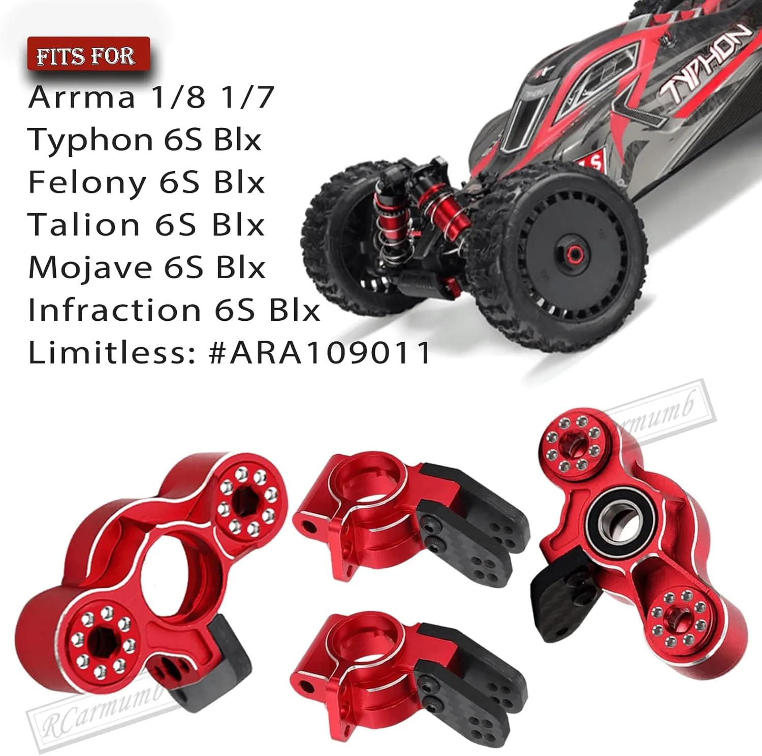 RC Upgrades Part for Arrma 1/8 Typhon/Talion 6S BLX,1/7 Felony/Mojave/Infraction/Limitless 6S BLX,Alloy Front Knuckles Steering Blocks &Rear Hub Stub Axle Carriers,Red