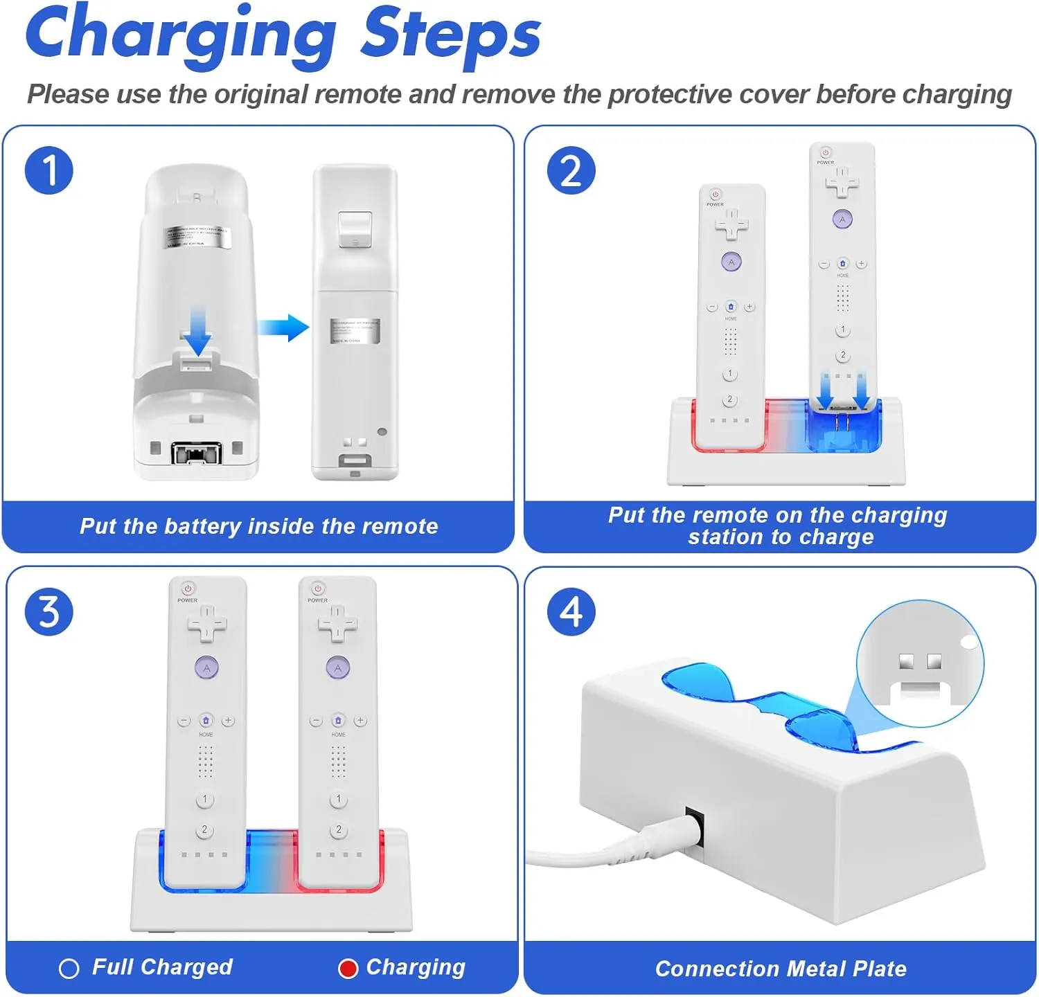 Remote Controller Charger for Wii/Wii U with 2 Pack 2800mAh Rechargeable Battery Pack, 2 Port Charging Station for Wii Controller, Remotes are not Included