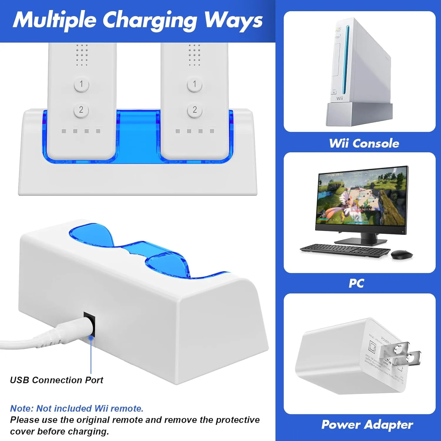 Remote Controller Charger for Wii/Wii U with 2 Pack 2800mAh Rechargeable Battery Pack, 2 Port Charging Station for Wii Controller, Remotes are not Included