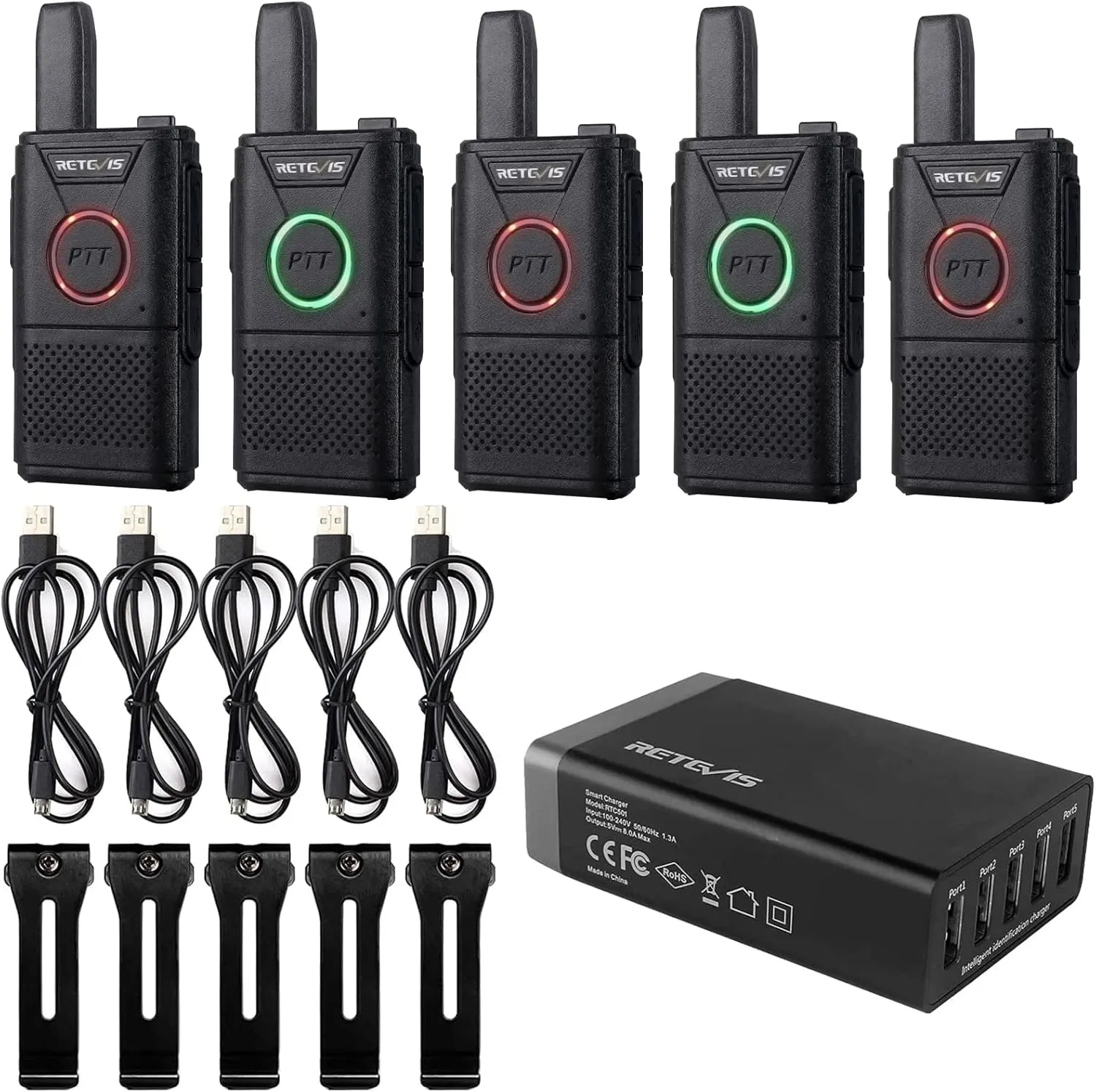 Retevis RT18 Mini Walkie Talkie,Rechargeable Portable FRS Two-Way Radios,Dual PTT, Small, VOX,Handsfree Walkie Talkies for Adults,2 Way Radios with 5-Port USB Charger for Restaurant Clinic Healthcare