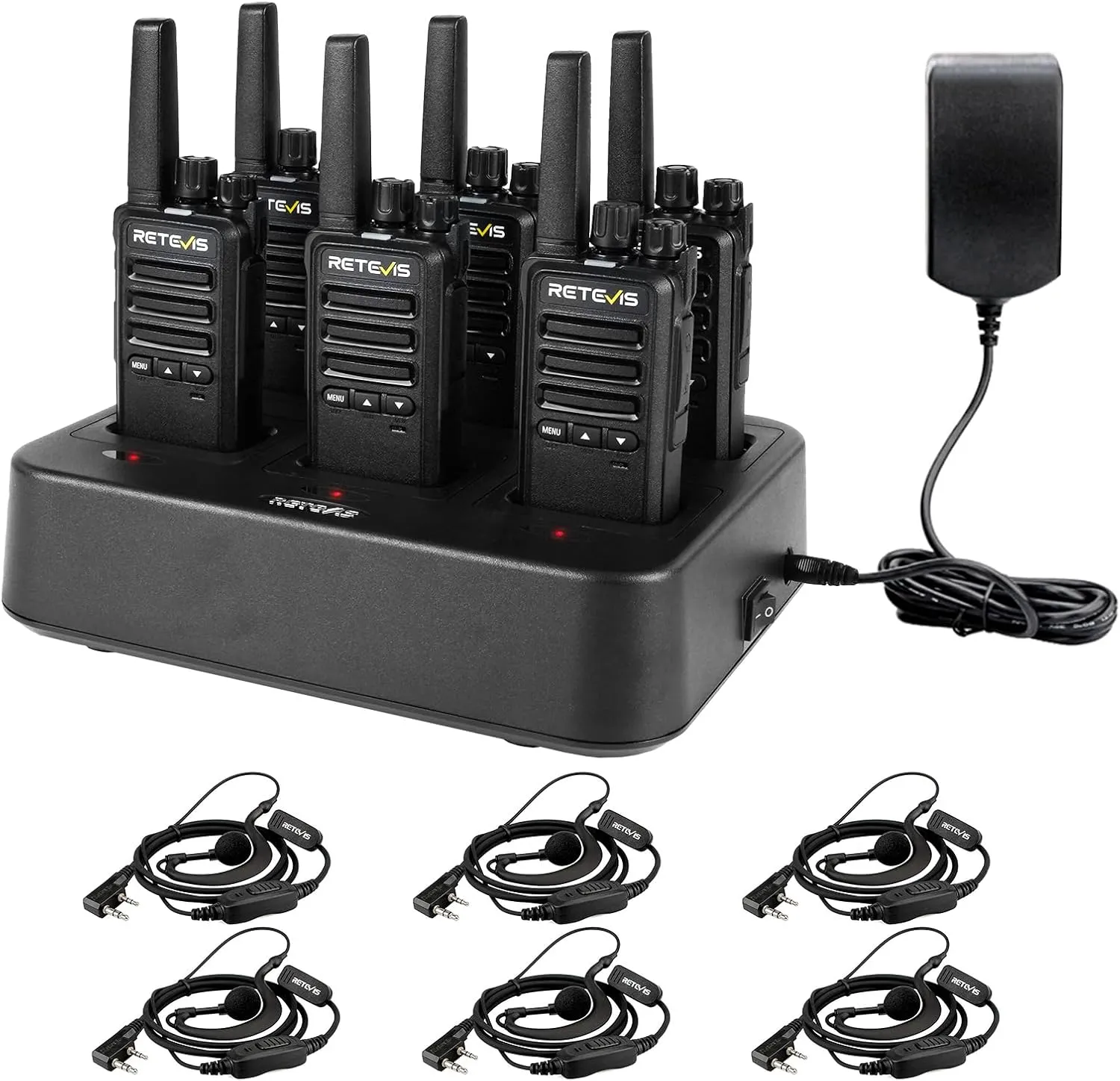 Retevis RT68B (3rd GenRT68) Walkie Talkies with Earpiece - 16 Channels, 30H Battery, FRS Two-Way Radios, 6-Way Charger, VOX, Long Range, Rugged & Water Resistant,for Adults, School, Church(6 Pack)