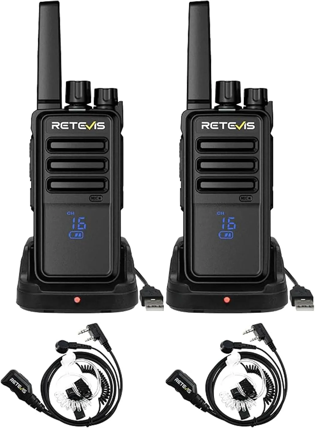 Retevis RT68H Walkie Talkies(2 Pack) with Walkie-Talkie Earpiece(2 Pack), 2 Way Radio Long Range, Intuitive,Channel,Power Display,VOX Hands Free,Keylock,Rugged Two Way Radios with USB Charging Base