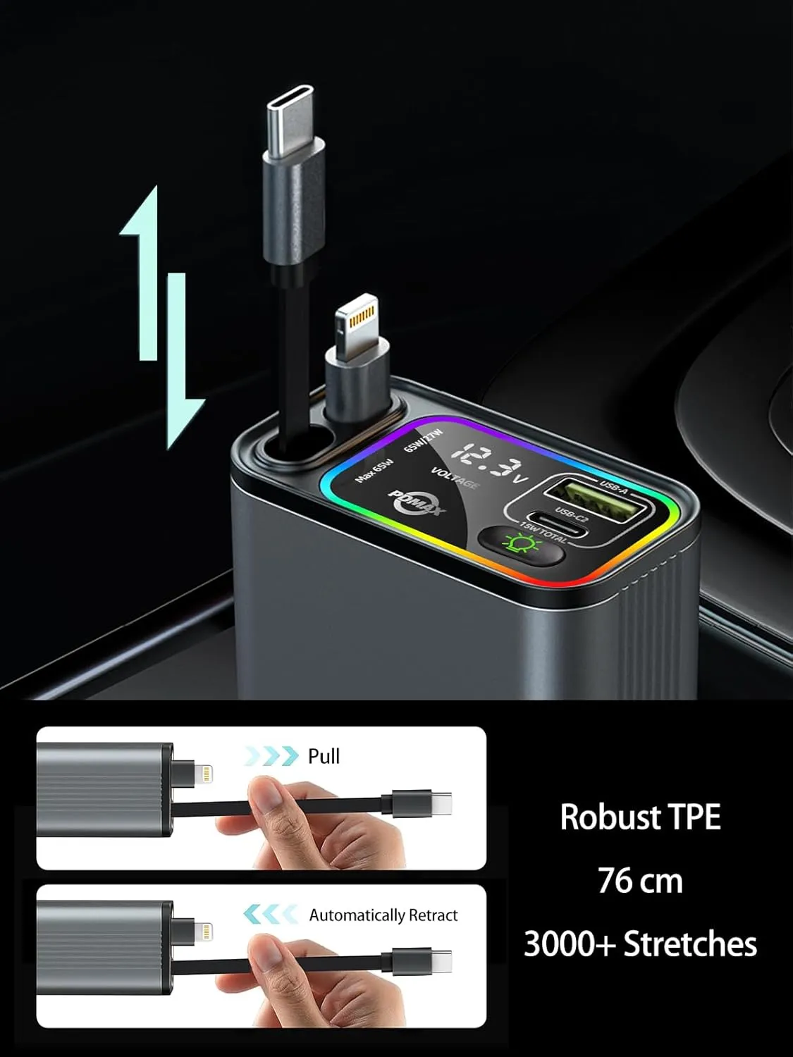 Retractable Car Charger USB C,145W Type C Car Charger Fast Charging with Dual Retractable USB C Cable and USB Ports, Compatible with iPhone 16/15,S25/24/23/22, Pixel 9/8/7