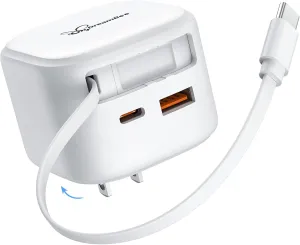 Retractable Wall Charger, 3-Port USB Charger with Retractable Type C Cable (39.4 inch), 35W Fast Charging Travel Adapter for iPhone 16/15 Pro Max/iPad/Galaxy/Pixel (White)