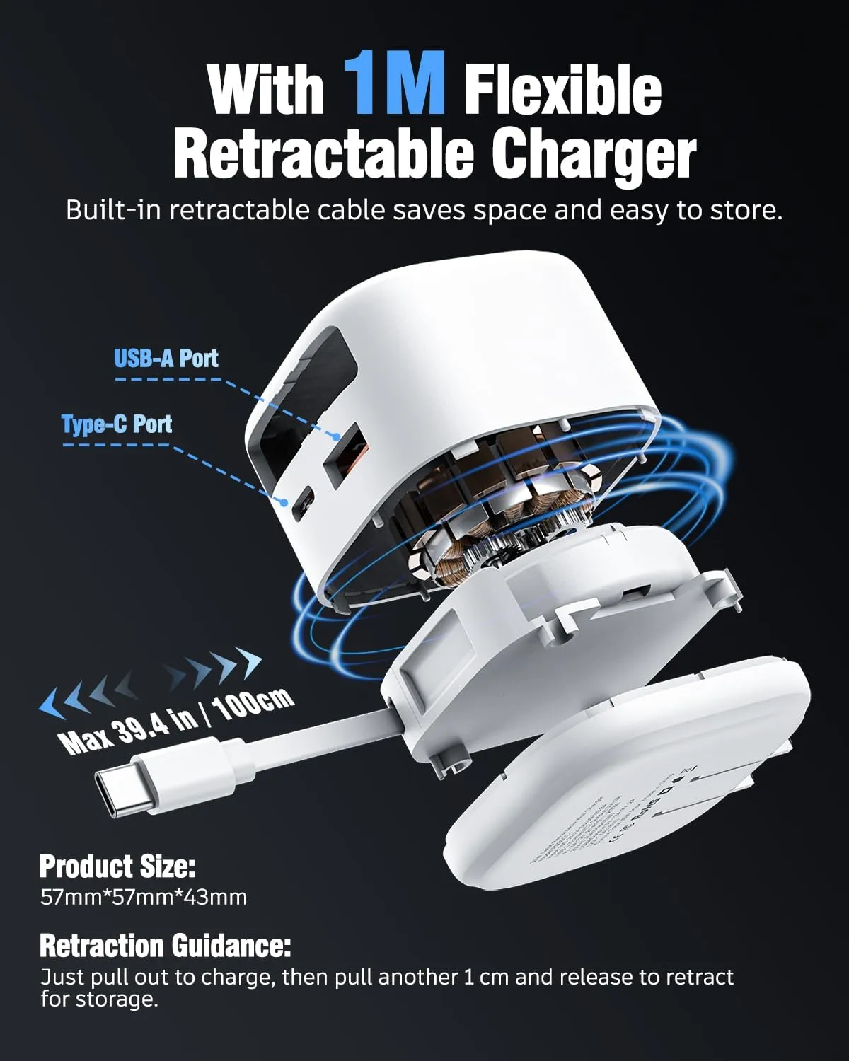 Retractable Wall Charger, 3-Port USB Charger with Retractable Type C Cable (39.4 inch), 35W Fast Charging Travel Adapter for iPhone 16/15 Pro Max/iPad/Galaxy/Pixel (White)