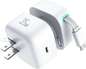 Retractable Wall Charger, 35W PD Fast Charger Block with Type C Retractable Cable (31.5 inch) and Type C Ports, Portable Charger Adapter for iPhone 16/15 Pro Max/Galaxy/Pixel & More