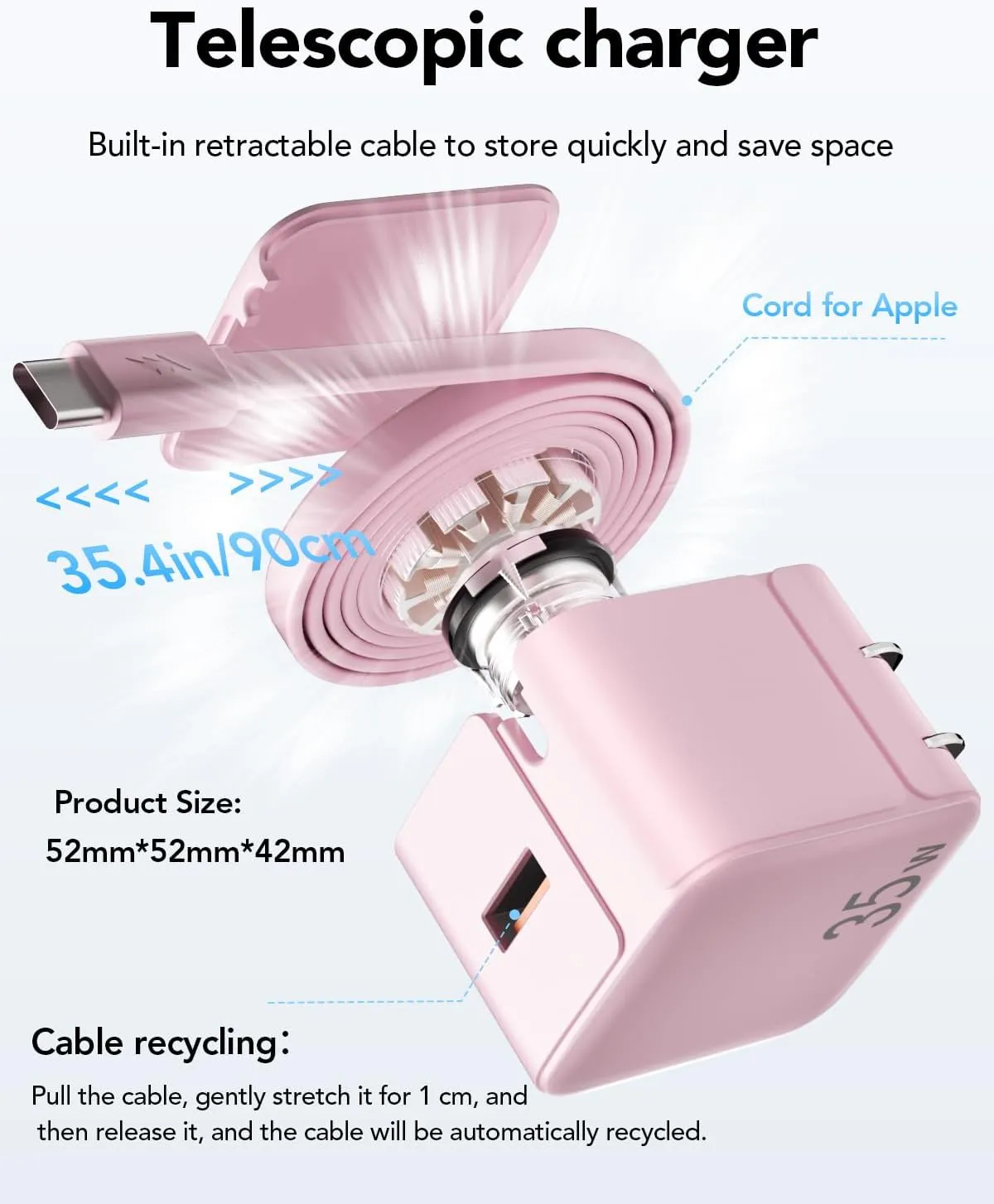 Retractable Wall Charger,35W PD Fast USB Charger Block with Retractable Type-C Cable,Portable Adapter with Foldable Plug for iPhone 16/15,Galaxy,Pixel,and Multiple Devices(Pink)