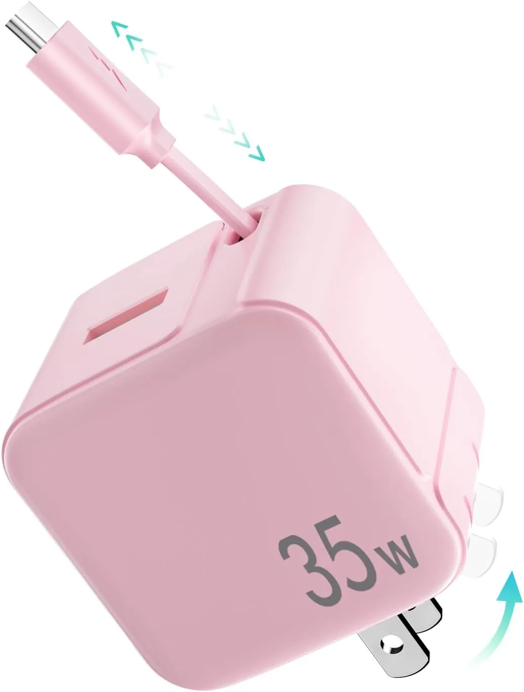 Retractable Wall Charger,35W PD Fast USB Charger Block with Retractable Type-C Cable,Portable Adapter with Foldable Plug for iPhone 16/15,Galaxy,Pixel,and Multiple Devices(Pink)