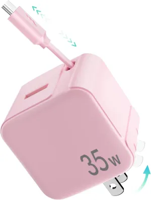 Retractable Wall Charger,35W PD Fast USB Charger Block with Retractable Type-C Cable,Portable Adapter with Foldable Plug for iPhone 16/15,Galaxy,Pixel,and Multiple Devices(Pink)