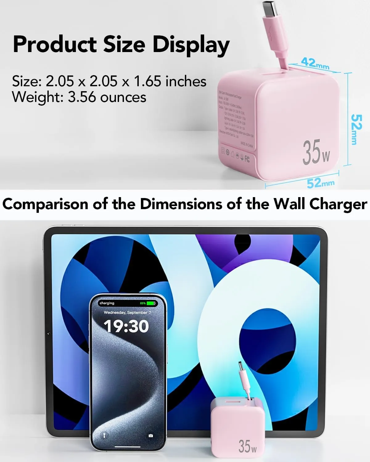 Retractable Wall Charger,35W PD Fast USB Charger Block with Retractable Type-C Cable,Portable Adapter with Foldable Plug for iPhone 16/15,Galaxy,Pixel,and Multiple Devices(Pink)