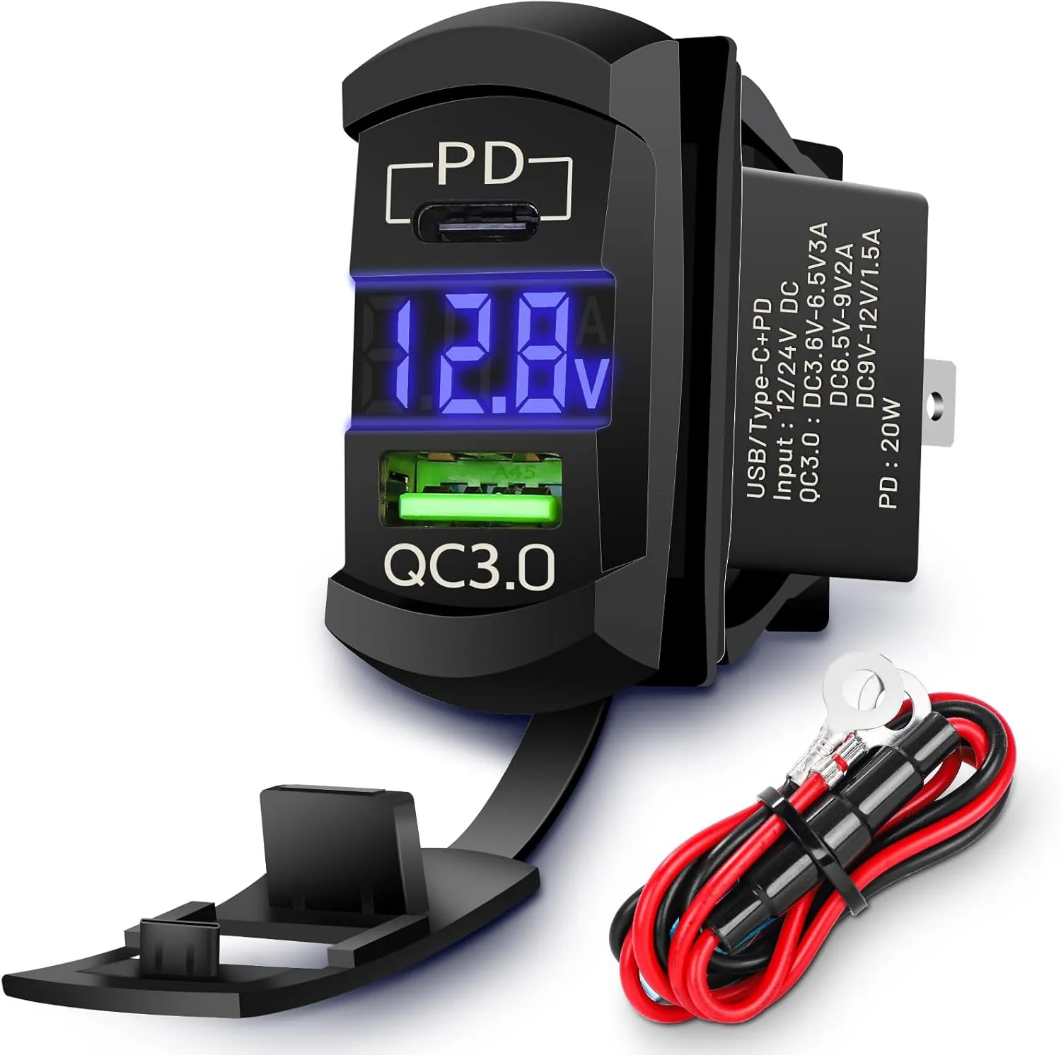 Rocker Switch USB Type C Charger with New Updated Ammeter and Voltmeter Universal Fits Rocker Switch Panel 12V 24V Dual USB Charging Port Outlet for RV Cars Marine Boats ATVs Trailers