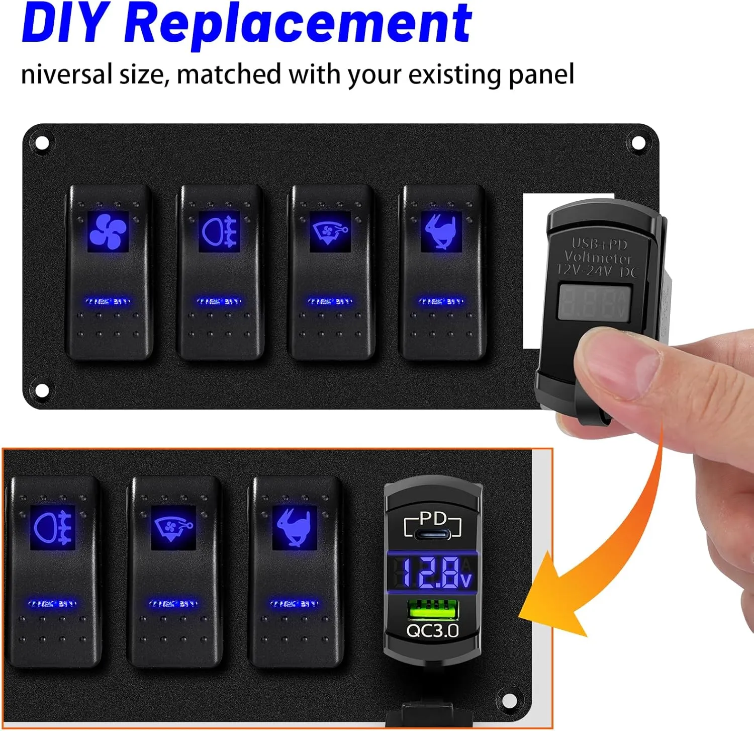 Rocker Switch USB Type C Charger with New Updated Ammeter and Voltmeter Universal Fits Rocker Switch Panel 12V 24V Dual USB Charging Port Outlet for RV Cars Marine Boats ATVs Trailers