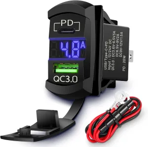 Rocker Switch USB Type C Charger with New Updated Ammeter and Voltmeter Universal Fits Rocker Switch Panel 12V 24V Dual USB Charging Port Outlet for RV Cars Marine Boats ATVs Trailers