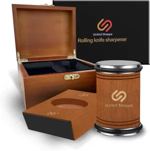 Rolling Knife Sharpener with Protective Wooden Box – Knife Sharpening Kit Offers 15° & 20° for Kitchen Knives