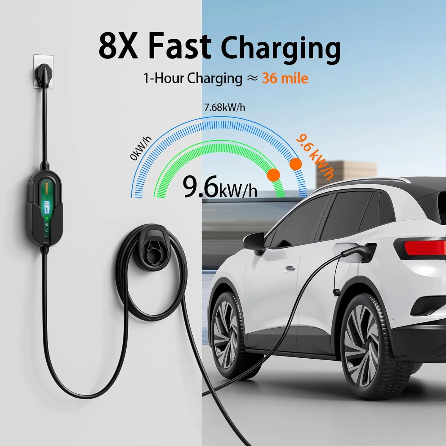 Romaa Level 2 EV Charger Portable Level 2 with 40A, 240V, NEMA 14-50, 25ft Cable, J1772 Charger, Adjustable Current, Delay Timer, EV Chargers for Home Level 2, App Control, FCC & ETL Certified