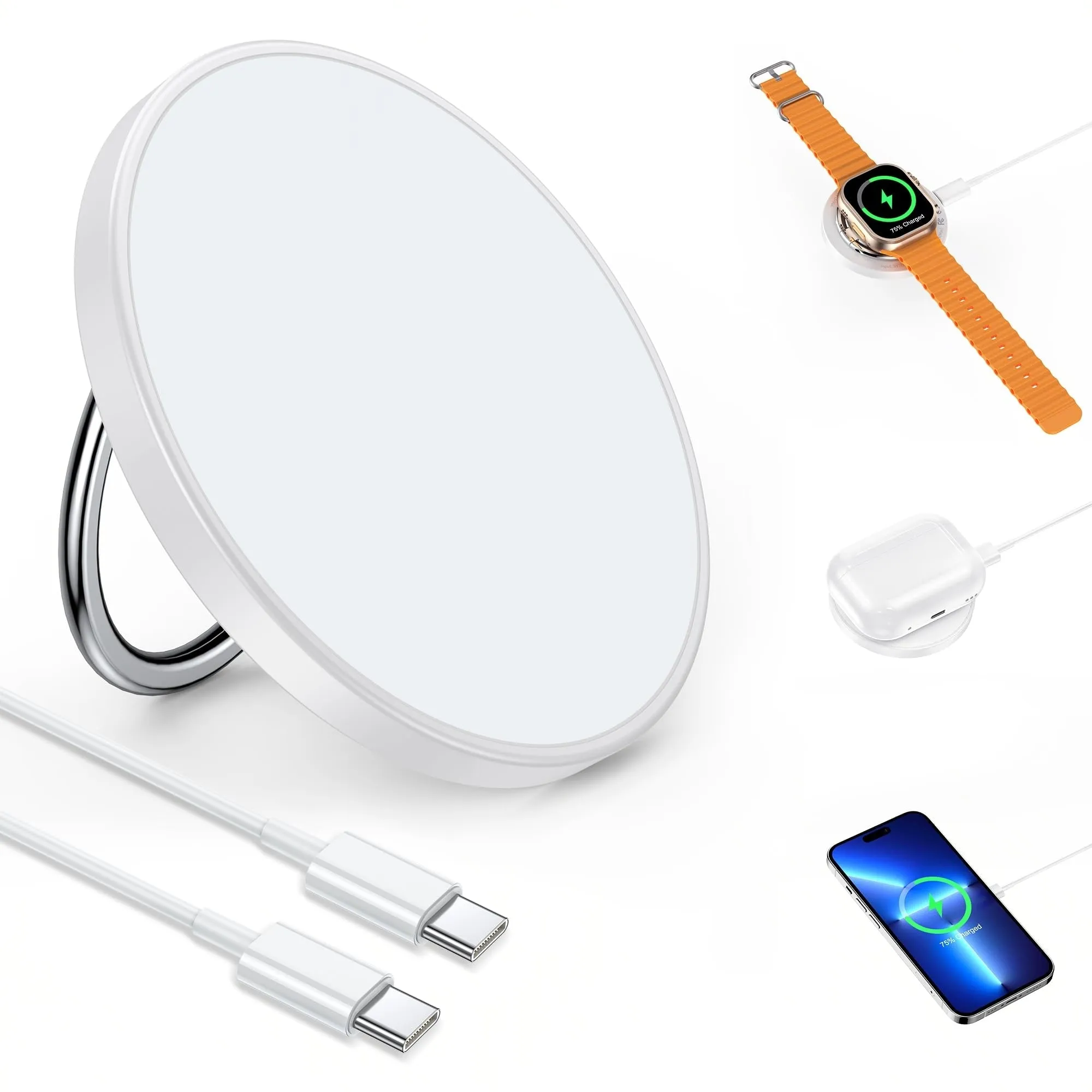 RORRY 3 in 1 Magnetic Wireless Charger, 15W Fast Charging Pad Phone Ring Holder, Μαg-Sαfe/Qi Wireless Charger Compatible with iPhone 12/13/14/15, Apple Watch 9/Ultra2/8/7/6/5/4/3/SE/Ultra,(White)