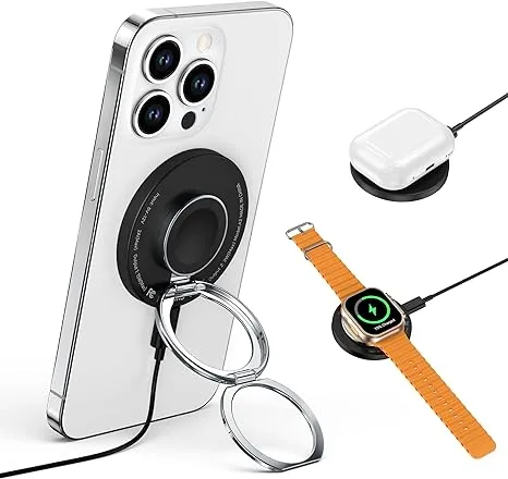 RORRY 3 in 1 Magnetic Wireless Charger, 15W Fast Charging Pad Phone Ring Holder, Μαg-Sαfe/Qi Wireless Charger Compatible with iPhone 12/13/14/15, Apple Watch 9/Ultra2/8/7/6/5/4/3/SE/Ultra,(White)