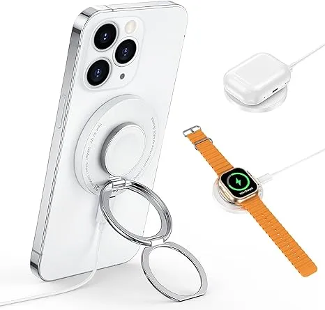 RORRY 3 in 1 Magnetic Wireless Charger, 15W Fast Charging Pad Phone Ring Holder, Μαg-Sαfe/Qi Wireless Charger Compatible with iPhone 12/13/14/15, Apple Watch 9/Ultra2/8/7/6/5/4/3/SE/Ultra,(White)
