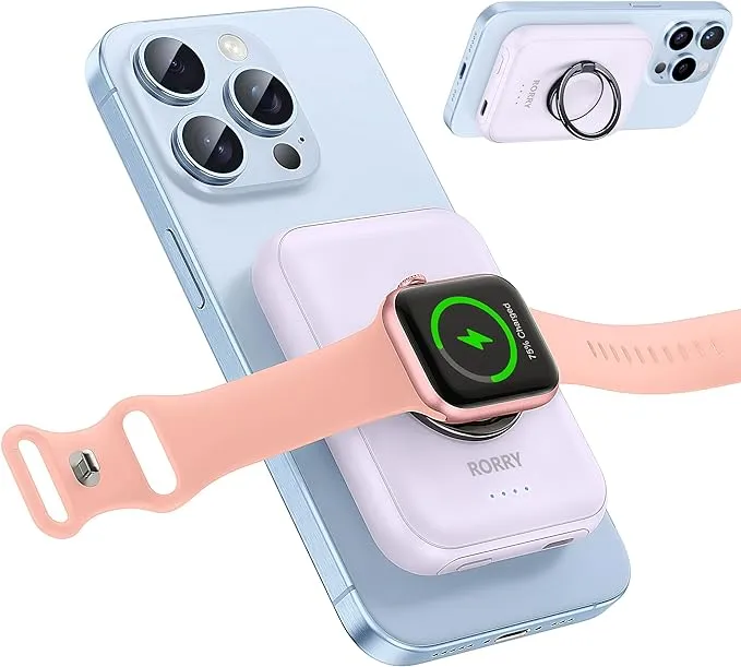 RORRY for Magsafe Portable Charger, [for iPhone & iWatch][Simultaneously Fast Charging] Magnetic Power Bank, 5000mAh for Magnetic Portable Charger, Magsafe Battery Pack with Finger Ring