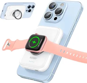 RORRY for Magsafe Portable Charger, [for iPhone & iWatch][Simultaneously Fast Charging] Magnetic Power Bank, 5000mAh for Magnetic Portable Charger, Magsafe Battery Pack with Finger Ring