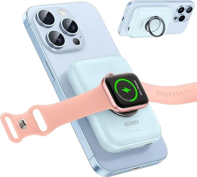 RORRY for Magsafe Portable Charger, [for iPhone & iWatch][Simultaneously Fast Charging] Magnetic Power Bank, 5000mAh for Magnetic Portable Charger, Magsafe Battery Pack with Finger Ring