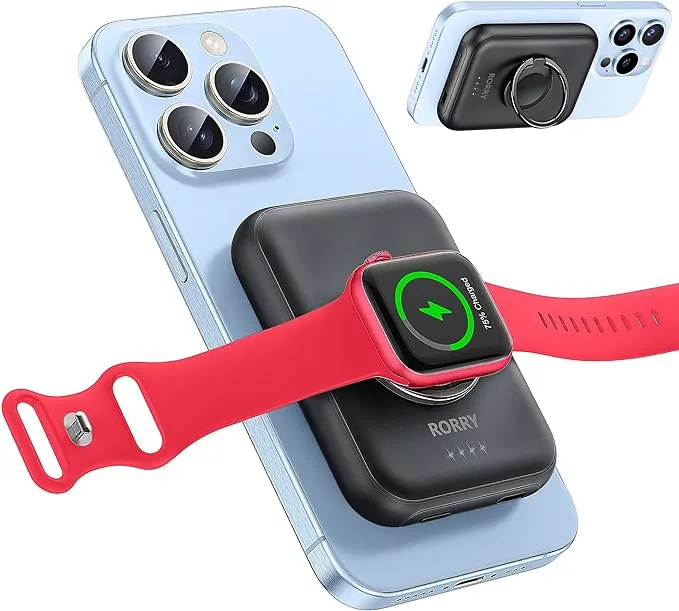 RORRY for Magsafe Portable Charger, [for iPhone & iWatch][Simultaneously Fast Charging] Magnetic Power Bank, 5000mAh for Magnetic Portable Charger, Magsafe Battery Pack with Finger Ring