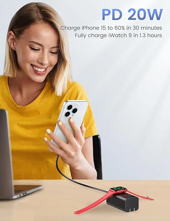 RORRY Power Bank, 5200mAh Portable Charger with Built-in Cable and AC Plug, PD 20W Fast Charging Battery Pack Compatible with iPhone, Apple Watch, AirPods, and More