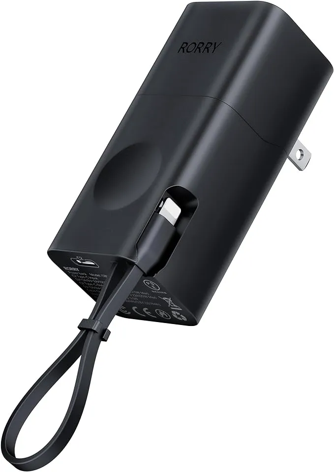 RORRY Power Bank, 5200mAh Portable Charger with Built-in Cable and AC Plug, PD 20W Fast Charging Battery Pack Compatible with iPhone, Apple Watch, AirPods, and More
