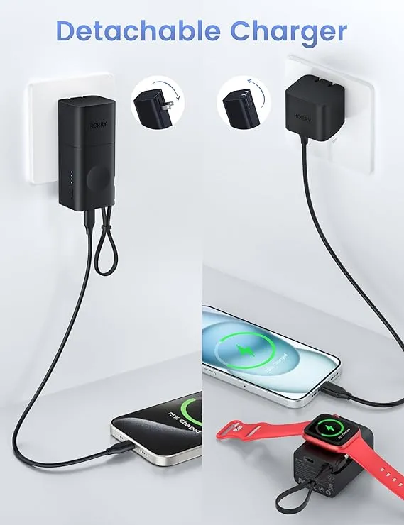 RORRY Power Bank, 5200mAh Portable Charger with Built-in Cable and AC Plug, PD 20W Fast Charging Battery Pack Compatible with iPhone, Apple Watch, AirPods, and More