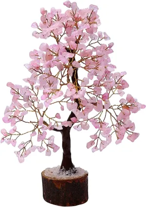 Rose Quartz Tree Natural Healing Gemstone Crystal Bonsai Fortune Money Tree for Good Luck, Home Office Kitchen Décor Spiritual Gift (Golden Wire and 300 Beads) Size 10-12 Inches (Rose Quartz)