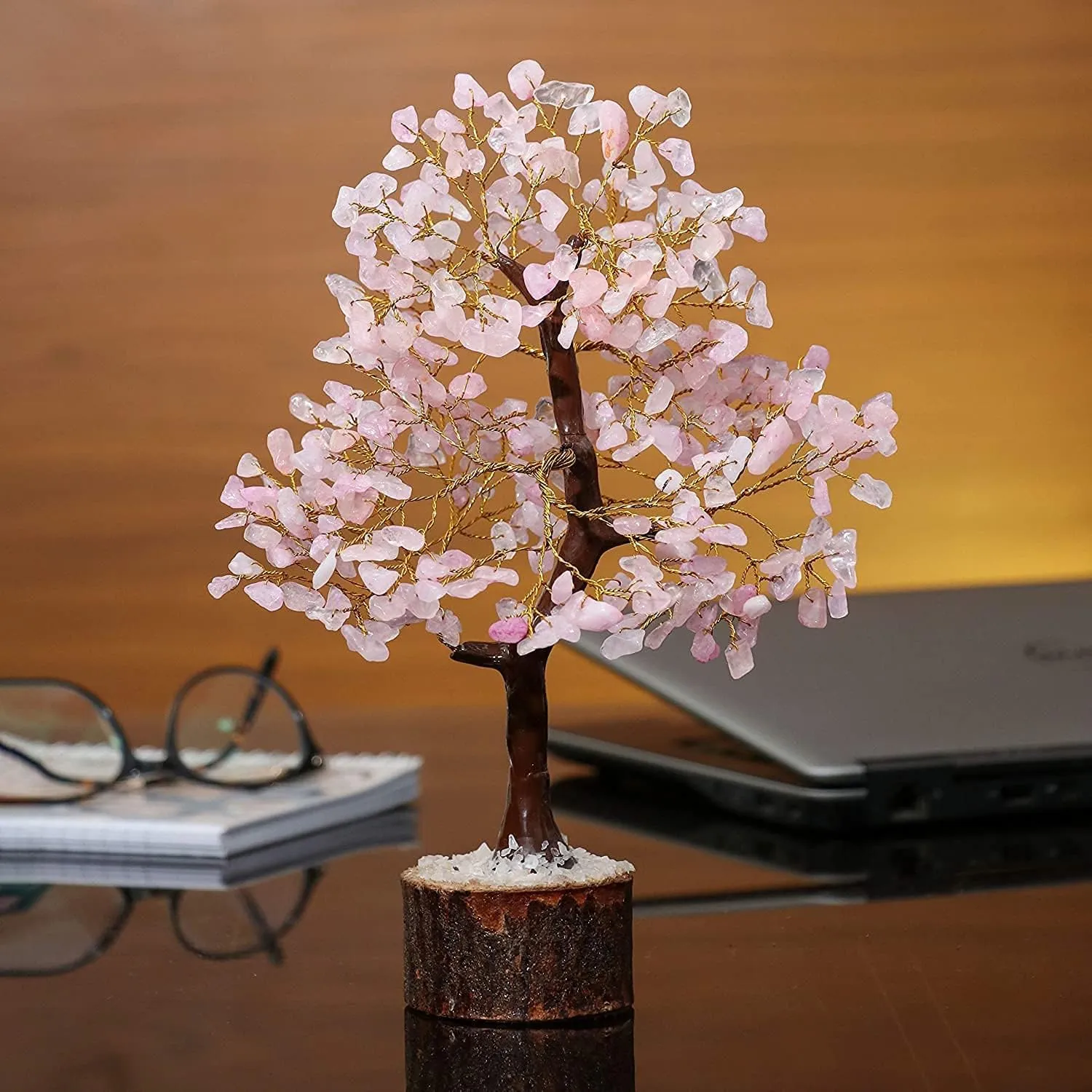 Rose Quartz Tree Natural Healing Gemstone Crystal Bonsai Fortune Money Tree for Good Luck, Home Office Kitchen Décor Spiritual Gift (Golden Wire and 300 Beads) Size 10-12 Inches (Rose Quartz)