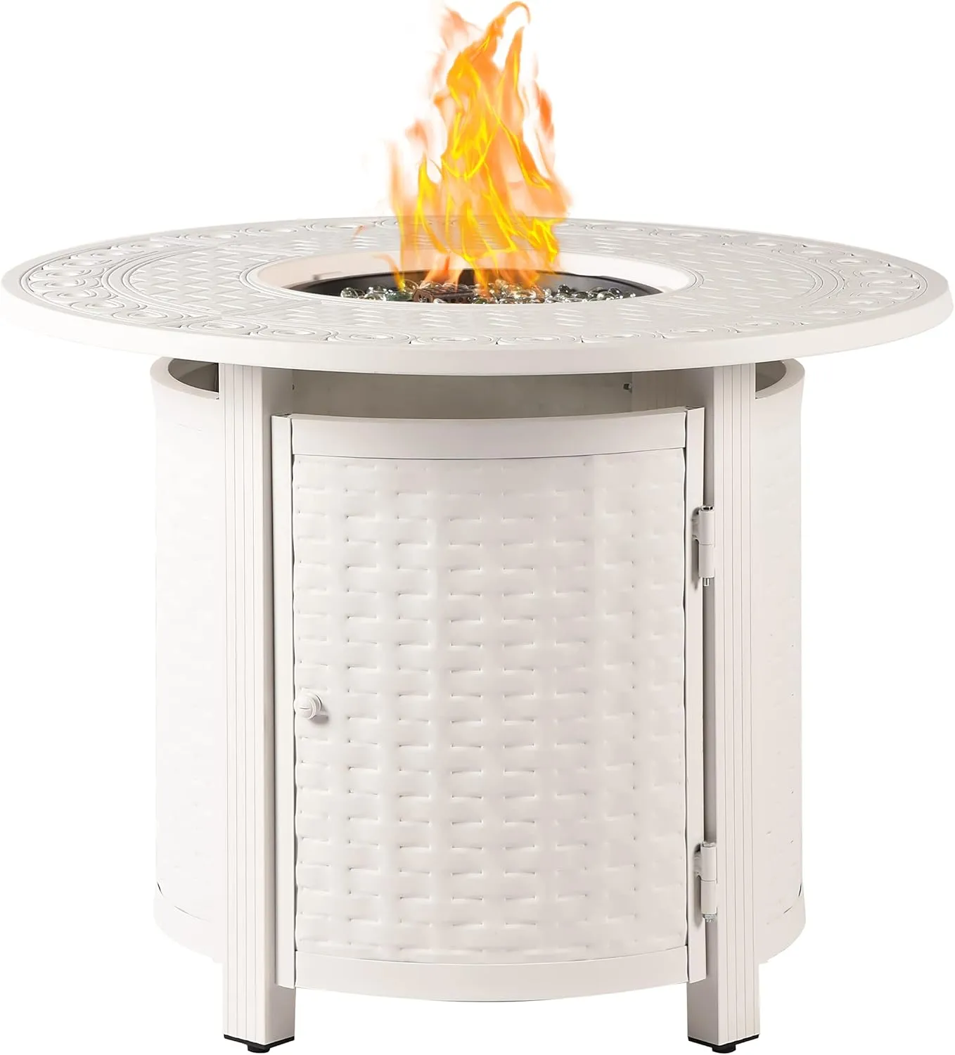 Round 34 in. x 34 in. Aluminum Propane Fire Pit Table with Glass Beads, Two Covers, Lid, 37,000 BTUs in White Finish