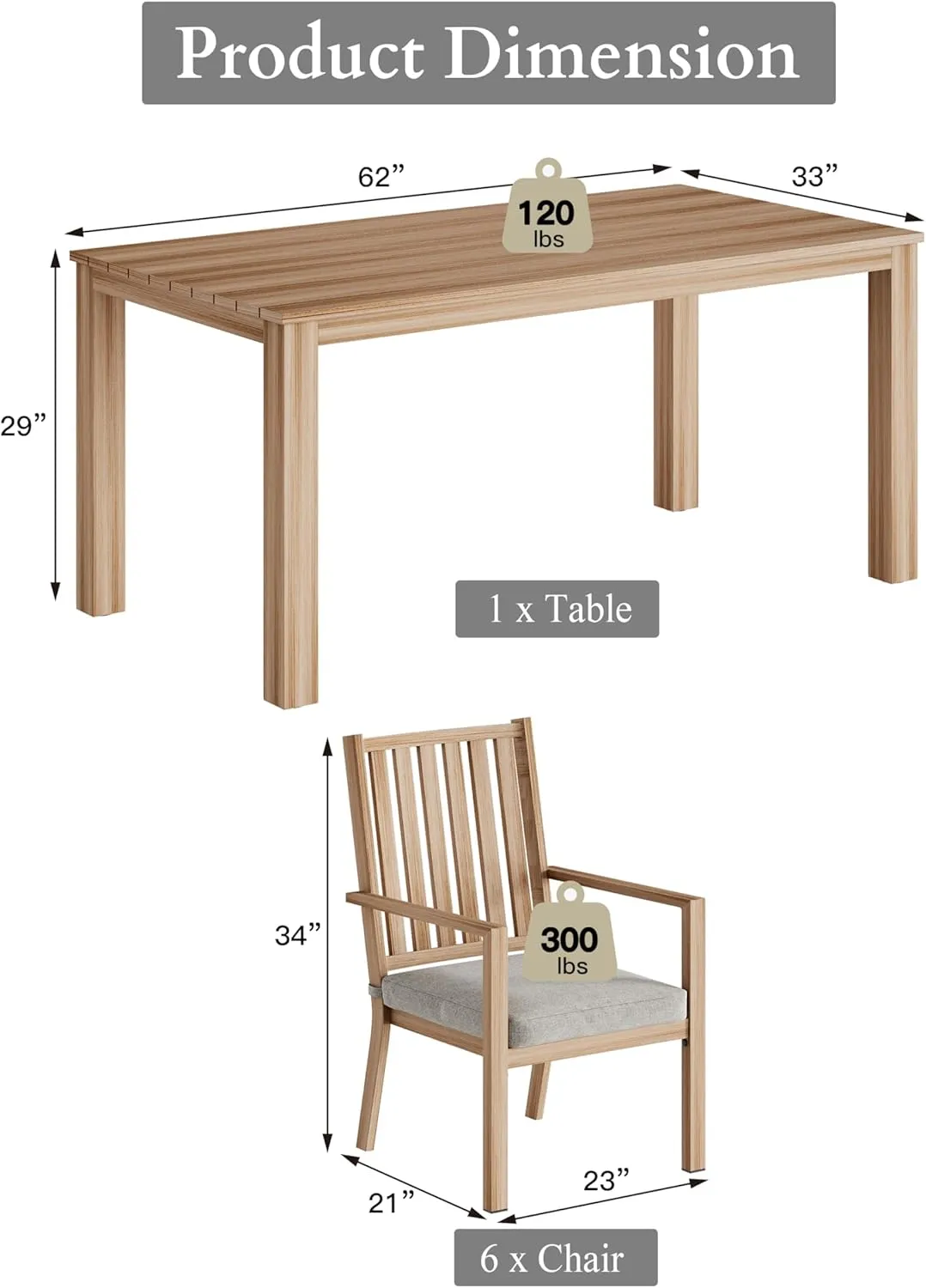 RoyalCraft Aluminum 7 Pieces Patio Dining Sets, Outdoor Dining Table with 6 Chairs, Outdoor Patio Dining Furniture Set with Removable Cushion for Lawn, Garden, Backyard, Brown