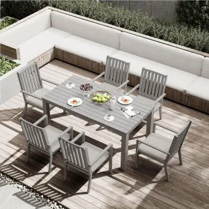 RoyalCraft Aluminum 7 Pieces Patio Dining Sets, Outdoor Dining Table with 6 Chairs, Outdoor Patio Dining Furniture Set with Removable Cushion for Lawn, Garden, Backyard, Gray