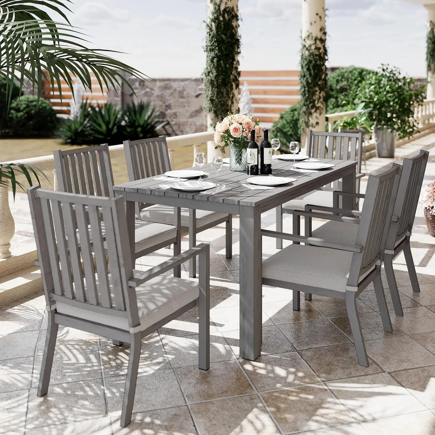 RoyalCraft Aluminum 7 Pieces Patio Dining Sets, Outdoor Dining Table with 6 Chairs, Outdoor Patio Dining Furniture Set with Removable Cushion for Lawn, Garden, Backyard, Gray