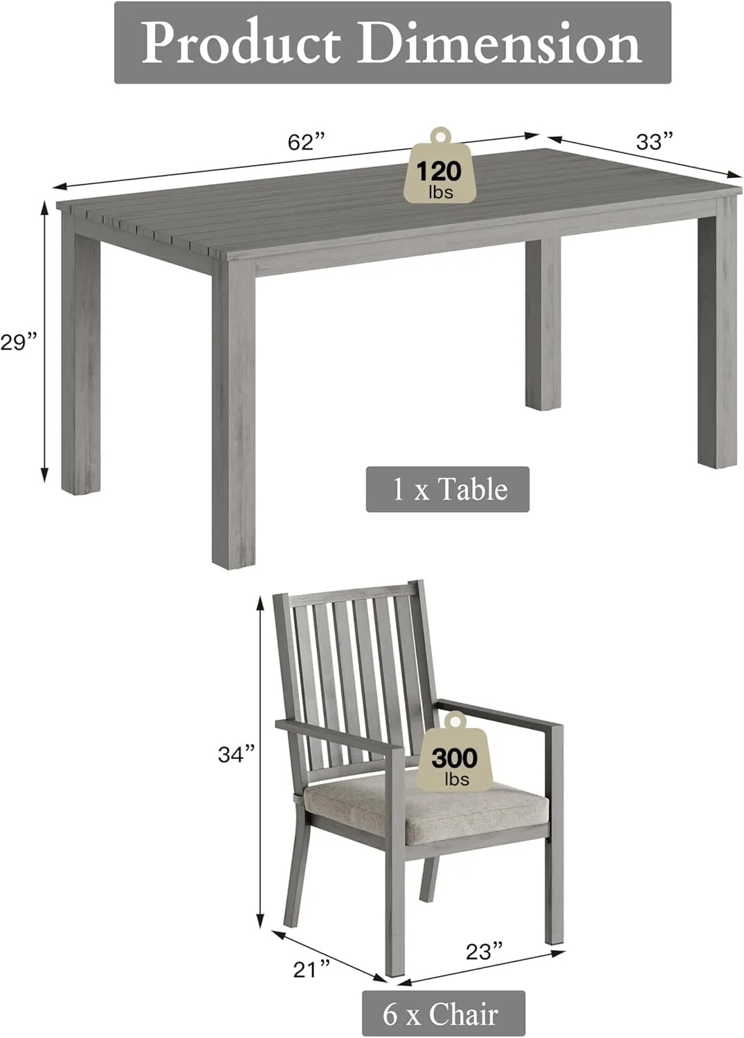 RoyalCraft Aluminum 7 Pieces Patio Dining Sets, Outdoor Dining Table with 6 Chairs, Outdoor Patio Dining Furniture Set with Removable Cushion for Lawn, Garden, Backyard, Gray
