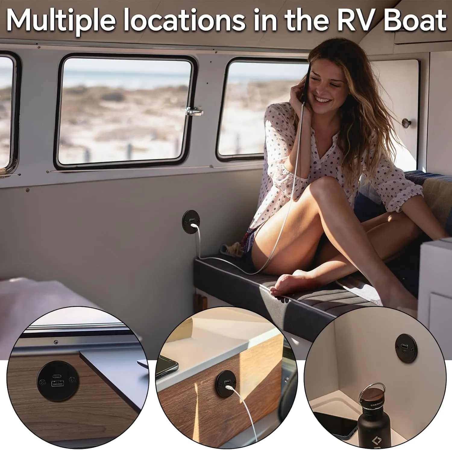 RV USB C Outlet 12V/24V All-aluminum QC 3.0 USB & PD 3.0 USB C 24W High-speed Charging Socket, Flush Mount USB Fast Charger for Caravan Trailer Camper Van Car Boat (Large panel*2)