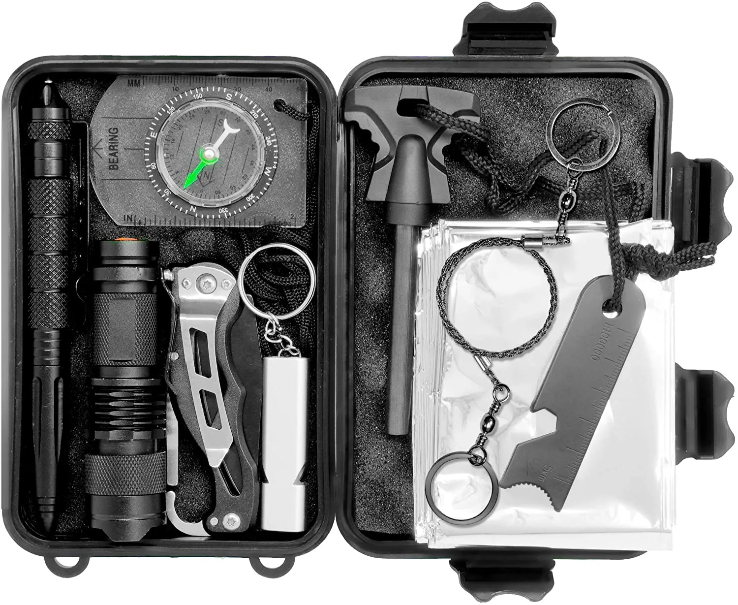 Rynx | 10 in 1 Emergency Tactical Gear Survival Pack Knife Blanket Compass Firestarter Flashlight Saw Outdoor Camping Hiking Hunting Adventure Sports Gear