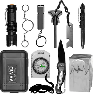 Rynx | 10 in 1 Emergency Tactical Gear Survival Pack Knife Blanket Compass Firestarter Flashlight Saw Outdoor Camping Hiking Hunting Adventure Sports Gear