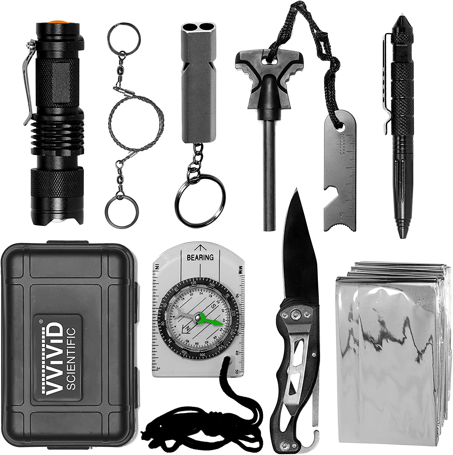 Rynx | 10 in 1 Emergency Tactical Gear Survival Pack Knife Blanket Compass Firestarter Flashlight Saw Outdoor Camping Hiking Hunting Adventure Sports Gear