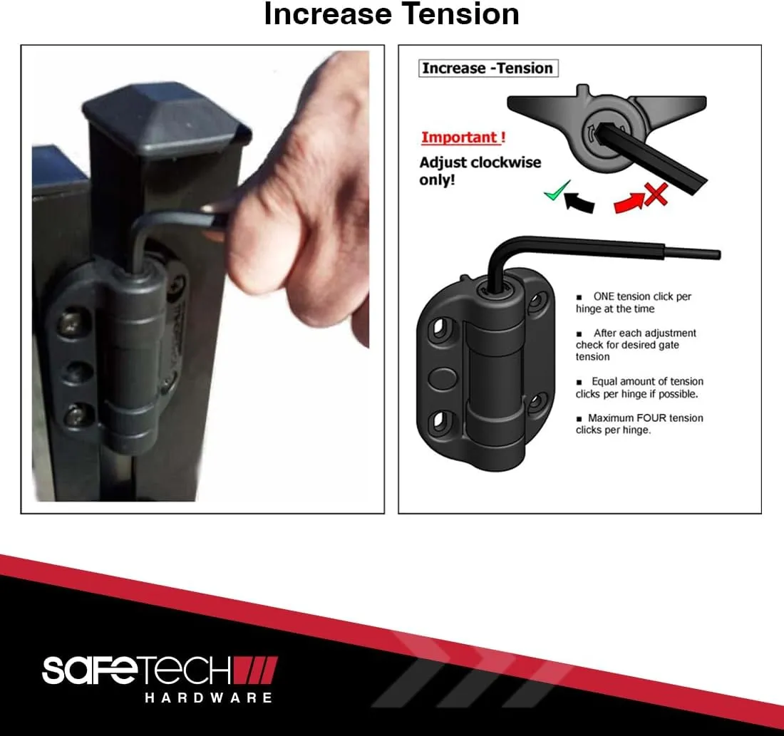 Safetech Hardware TopKlik Self Closing Gate Hinges | Self-Aligning Heavy Duty Spring Hinges | Adjustable Tension | Pool Safety Hinges | Any Square Post, Aluminum Gates | Swing Close 90bs SHG-90L Black