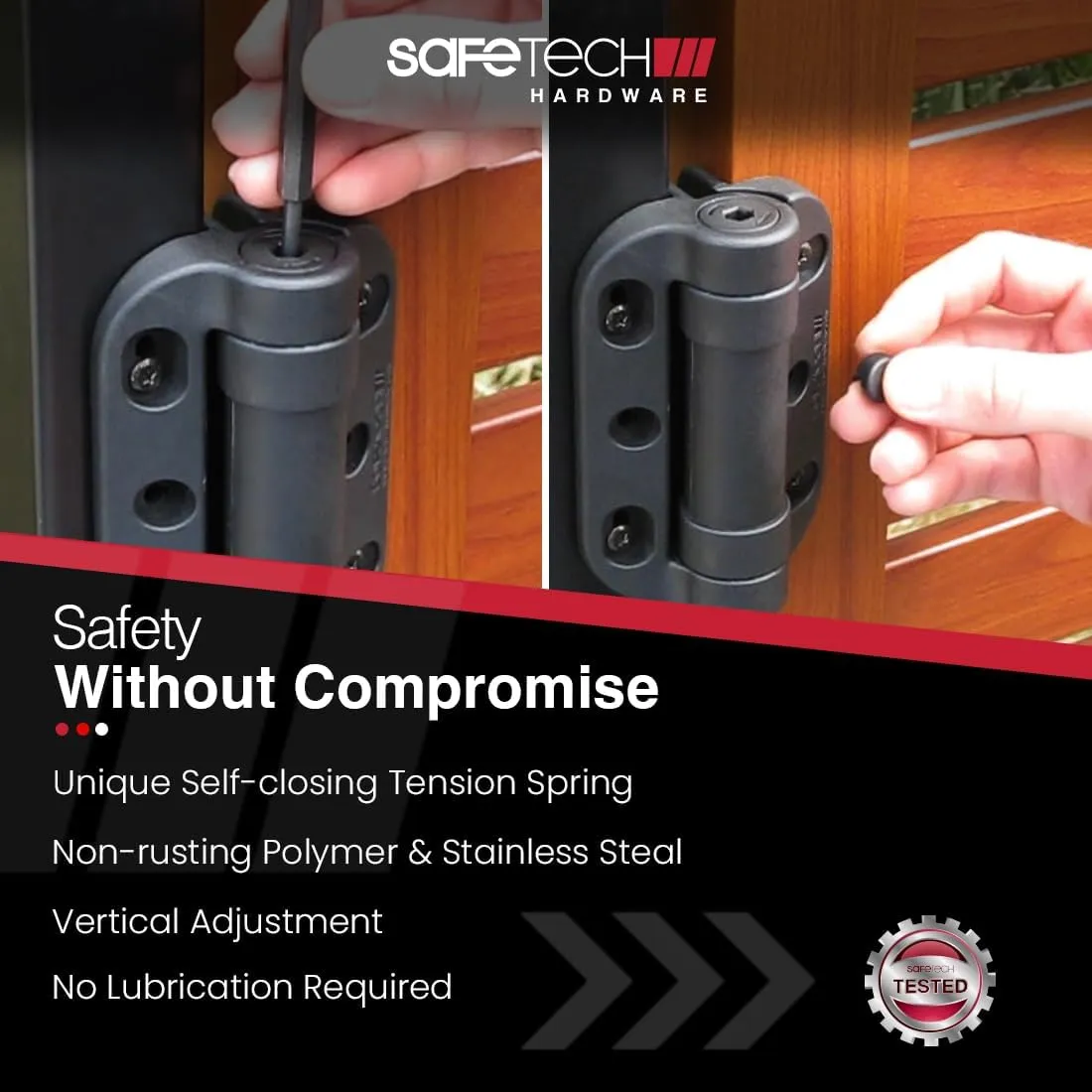 Safetech Hardware TopKlik Self Closing Gate Hinges | Self-Aligning Heavy Duty Spring Hinges | Adjustable Tension | Pool Safety Hinges | Any Square Post, Aluminum Gates | Swing Close 90bs SHG-90L Black