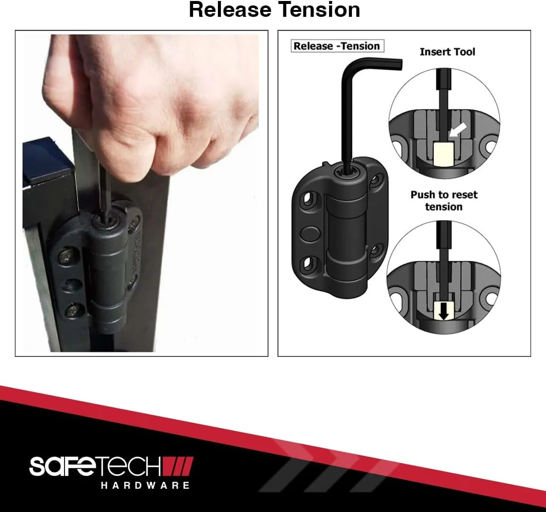 Safetech Hardware TopKlik Self Closing Gate Hinges | Self-Aligning Heavy Duty Spring Hinges | Adjustable Tension | Pool Safety Hinges | Any Square Post, Aluminum Gates | Swing Close 90bs SHG-90L Black