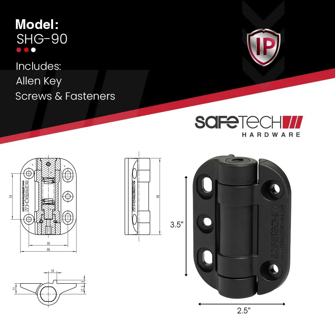 Safetech Hardware TopKlik Self Closing Gate Hinges | Self-Aligning Heavy Duty Spring Hinges | Adjustable Tension | Pool Safety Hinges | Any Square Post, Aluminum Gates | Swing Close 90bs SHG-90L Black